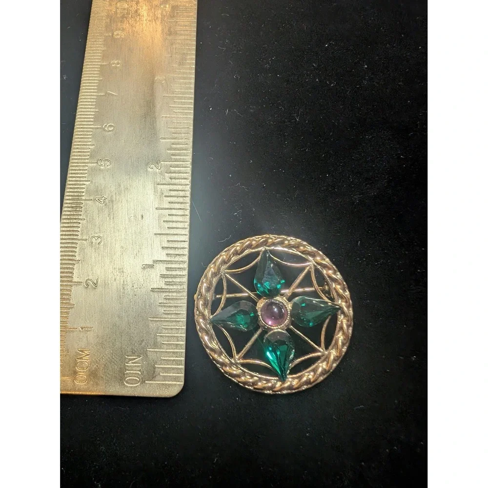 Gold Tone Green Rhinestone Circle Round Pin Brooch Womens